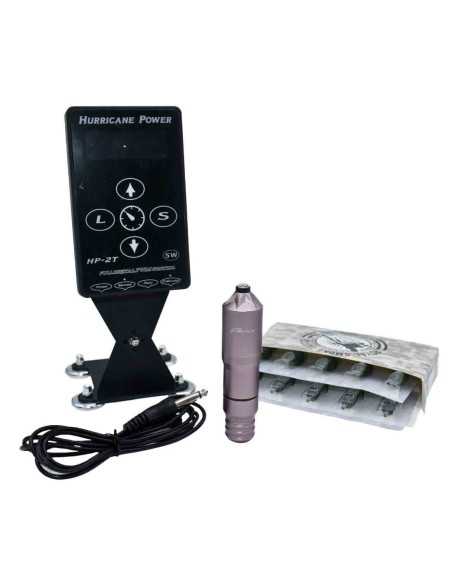 Combo con máquina de tatuar, cables, fuente de alimentación y cartuchos