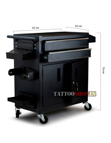 Estación de trabajo y almacenamiento móvil con encimera de acero para estudios de tatuaje