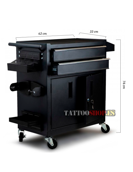 Estación de trabajo y almacenamiento móvil con encimera de acero para estudios de tatuaje