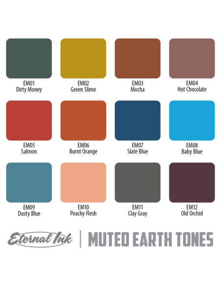 Eternal Ink Set Muted Earth Tones – Set 12 Colores Tinta para Tatuaje