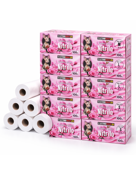 Papel Camilla Precorte 60 cm x 70 m + Guantes de Nitrilo Magenta (10x100)