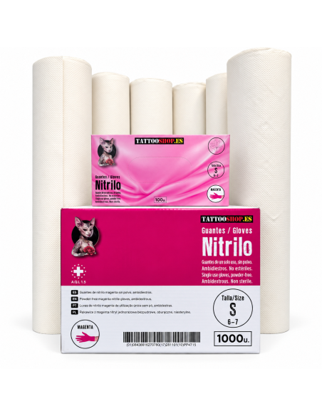 PACK OFERTA – 6 Rollos Papel Camilla Precorte 60 cm x 70 m + 1.000 Guantes de Nitrilo Magenta