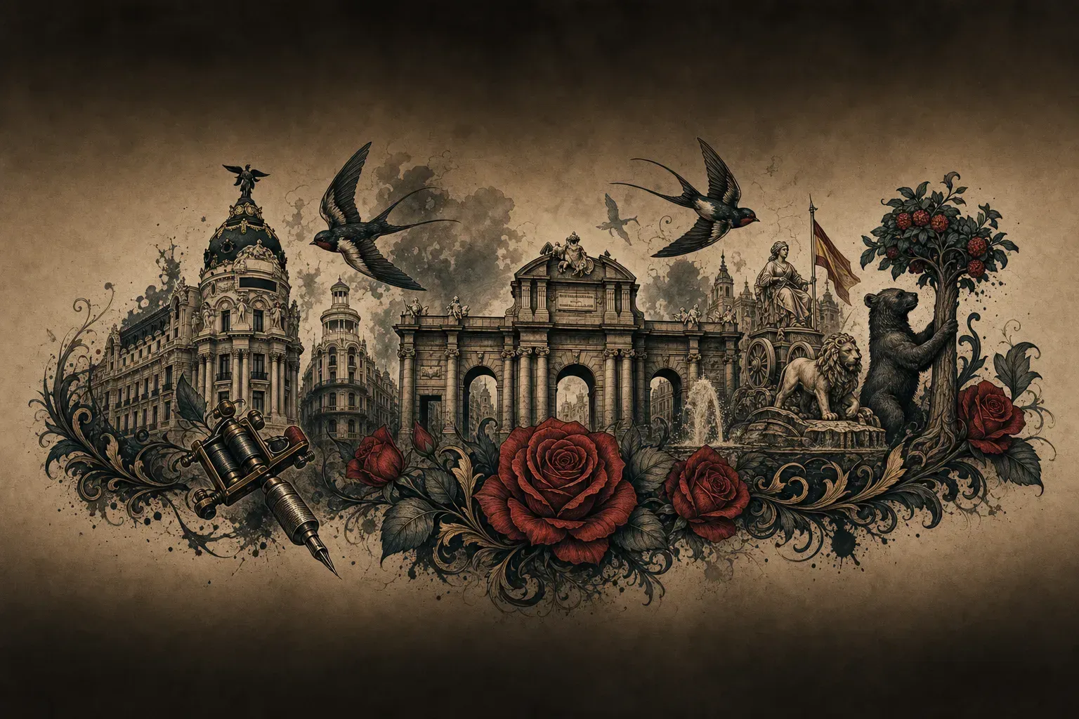 Ilustración artística estilo tatuaje de la ciudad de Madrid