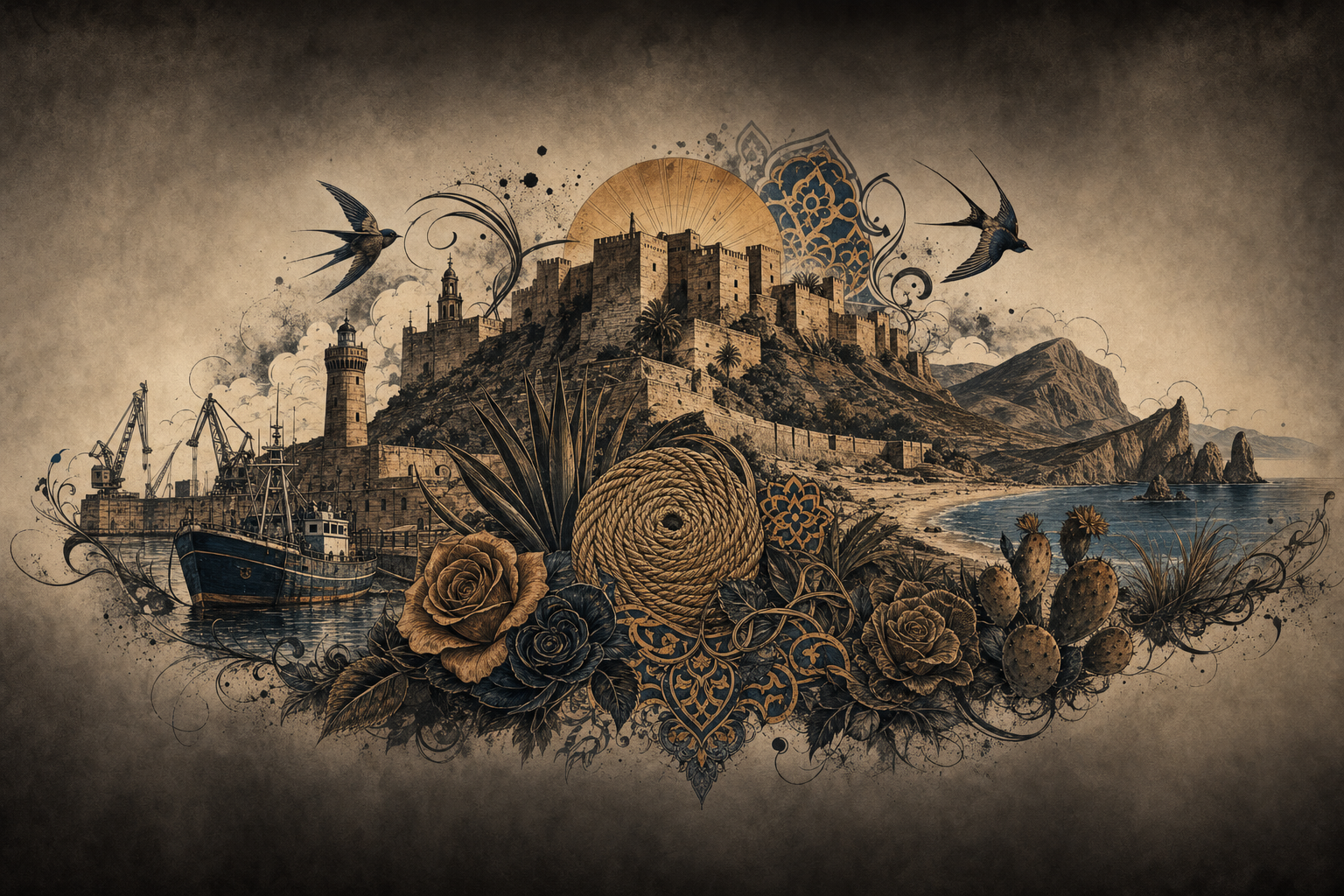 Ilustración artística estilo tatuaje de Almería, la ciudad de referencia de Vícar