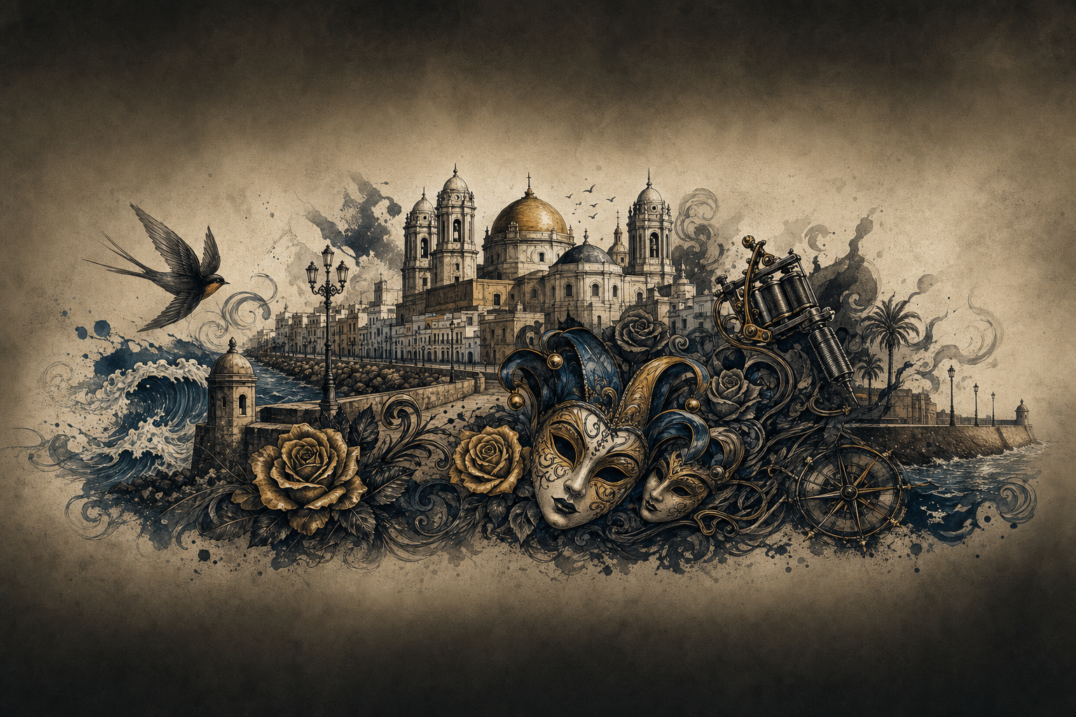 Ilustración artística estilo tatuaje de Cádiz, la ciudad de referencia de Barbate