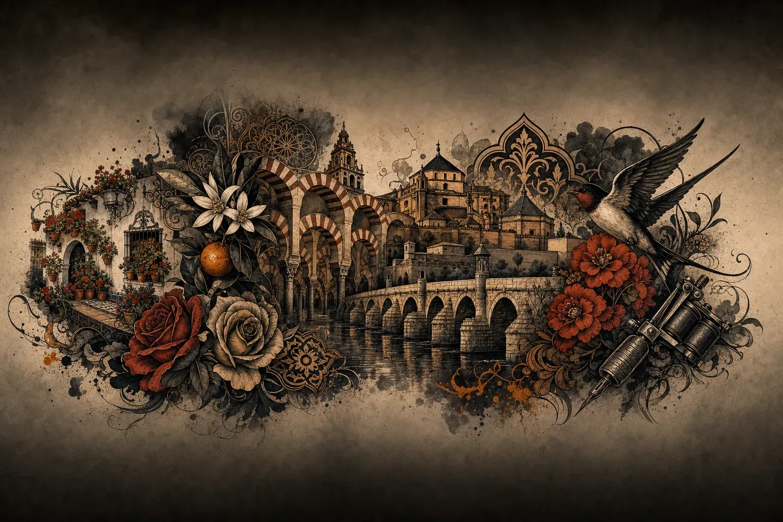 Ilustración artística estilo tatuaje de la ciudad de Córdoba