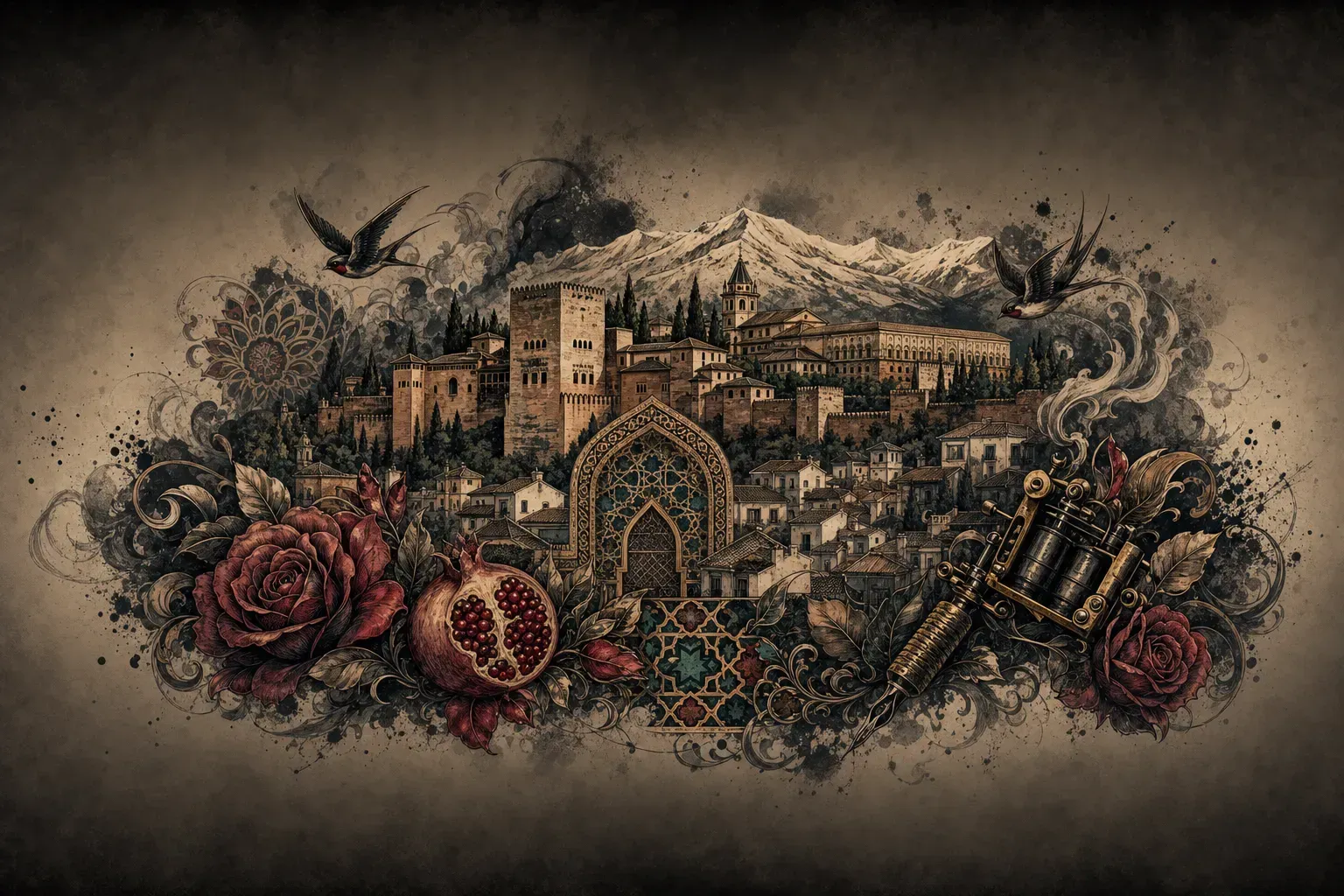 Ilustración artística estilo tatuaje de la ciudad de Granada