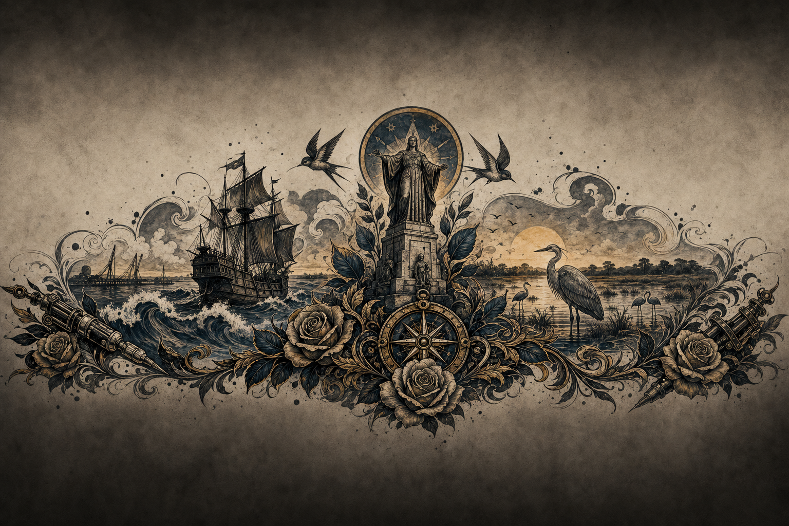 Ilustración artística estilo tatuaje de Huelva, la ciudad de referencia de Aljaraque