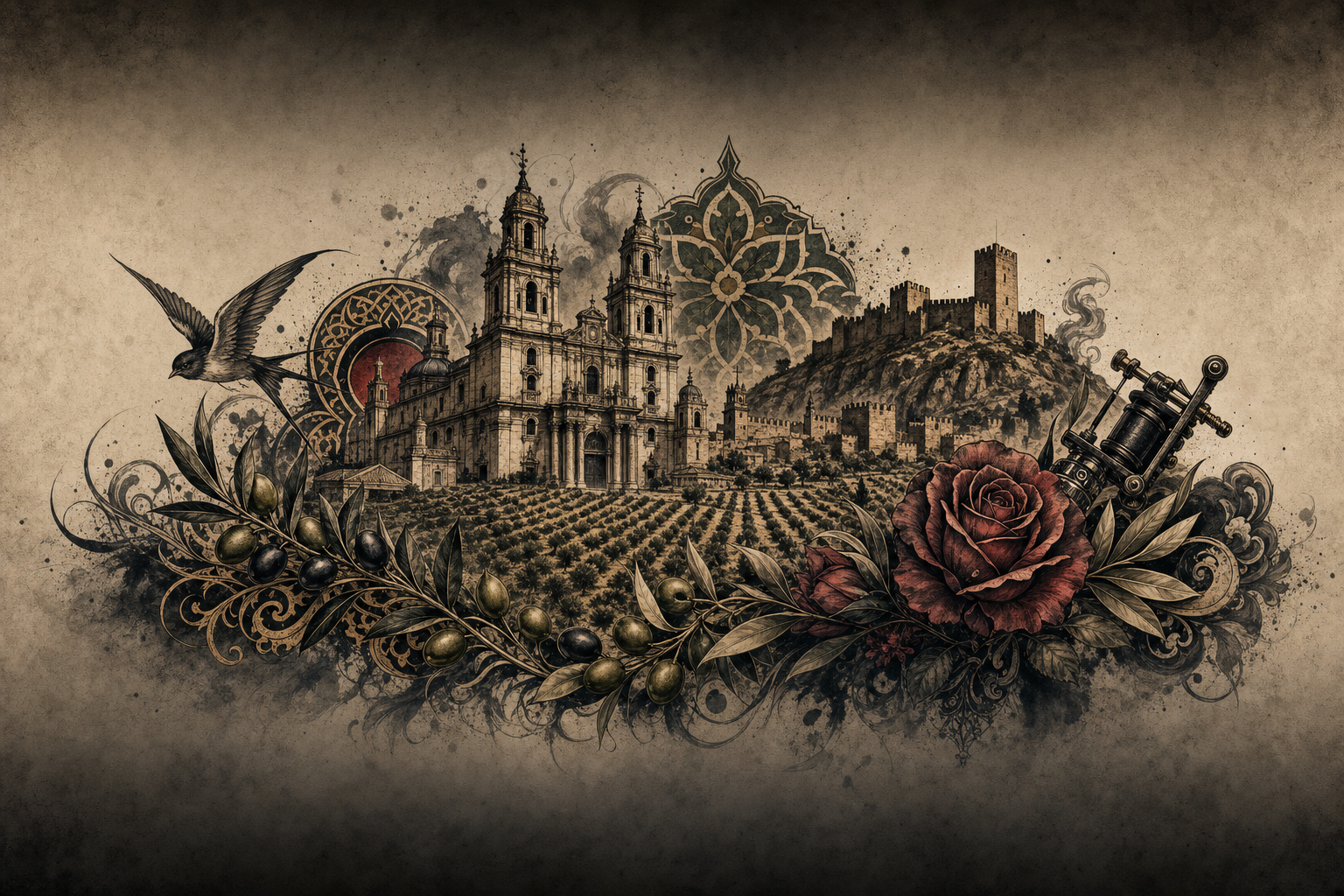 Ilustración artística estilo tatuaje de Jaén, la ciudad de referencia de Úbeda
