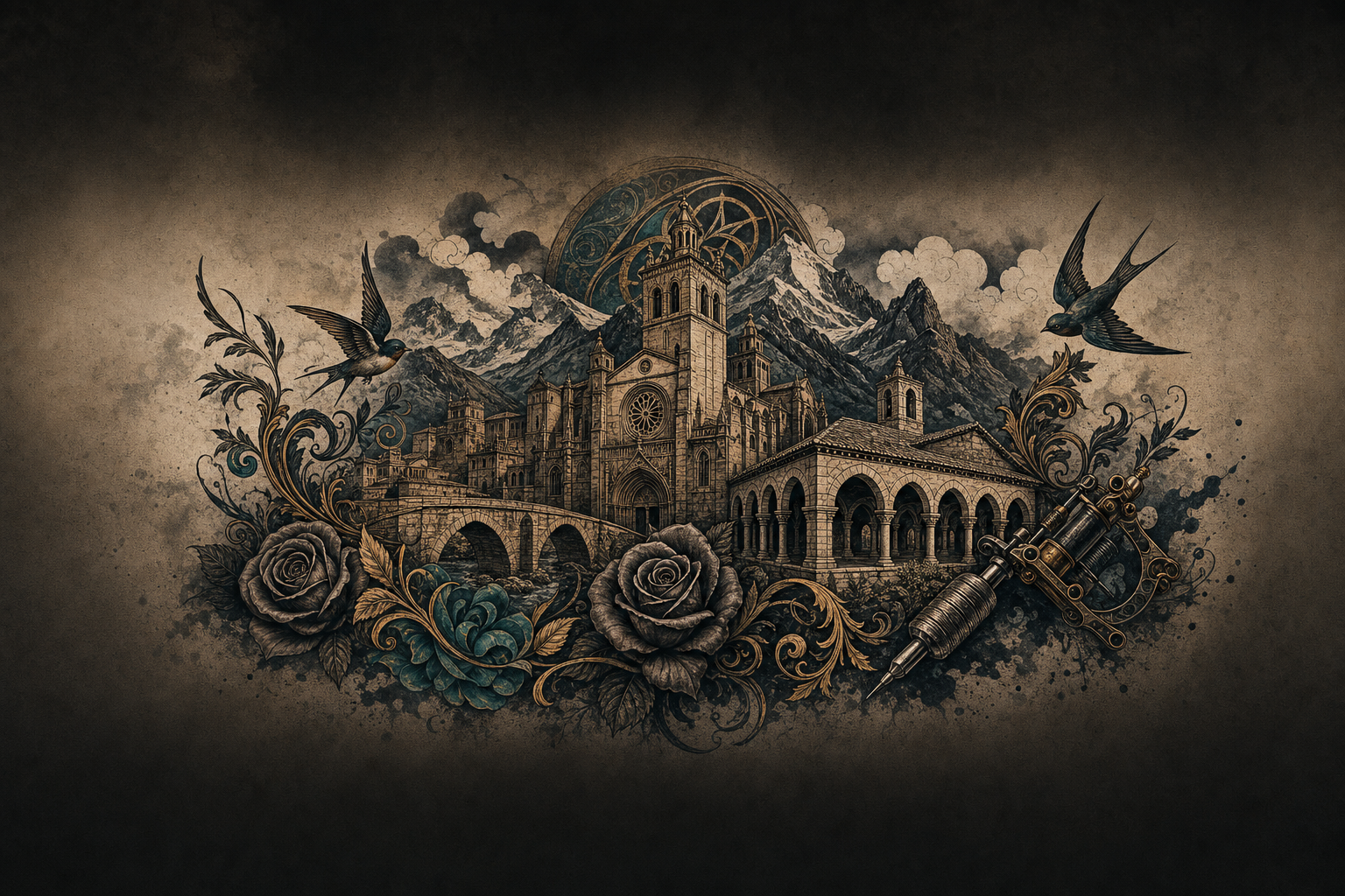 Ilustración artística estilo tatuaje de Huesca, Aragón