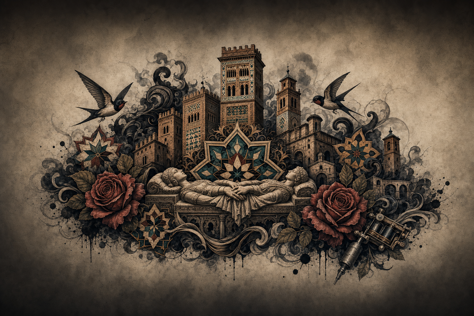 Ilustración artística estilo tatuaje de la ciudad de Teruel