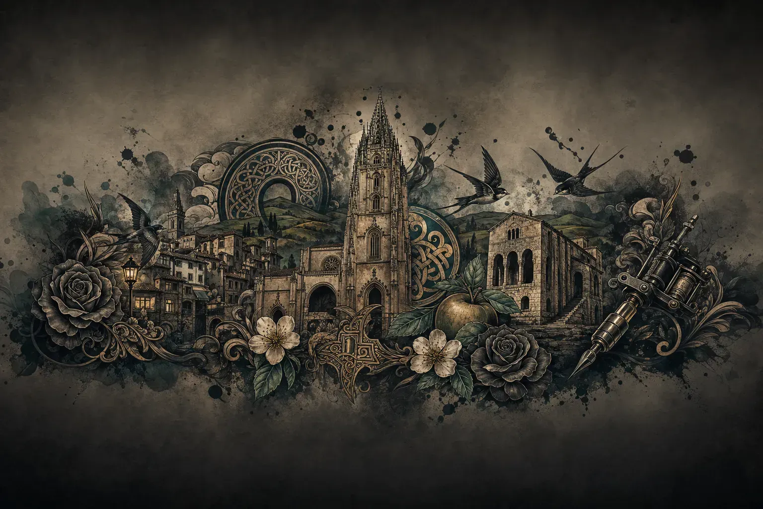 Ilustración artística estilo tatuaje de la ciudad de Oviedo