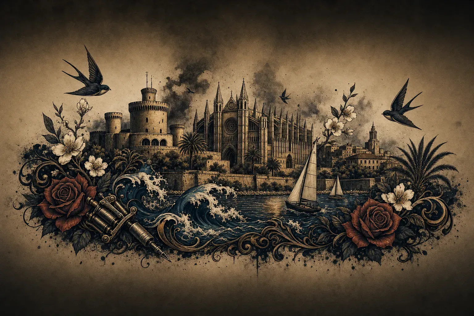 Ilustración artística estilo tatuaje de la ciudad de Palma