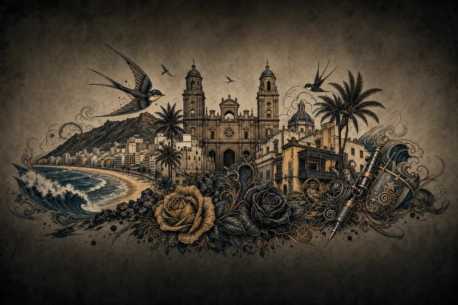 Ilustración artística estilo tatuaje de la ciudad de Las Palmas de Gran Canaria