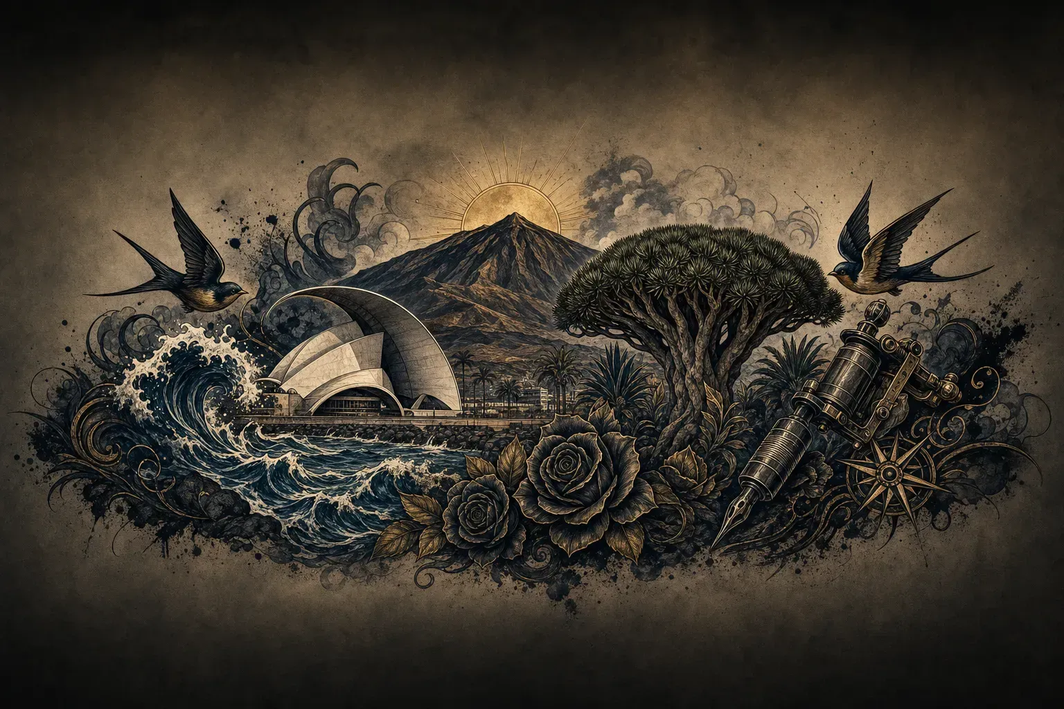 Ilustración artística estilo tatuaje de la ciudad de Santa Cruz de Tenerife