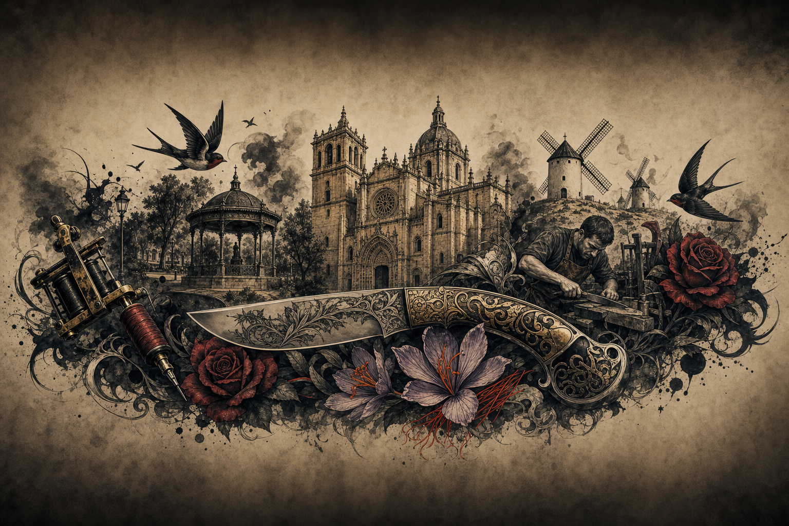 Ilustración artística estilo tatuaje de Albacete, la ciudad de referencia de Hellín