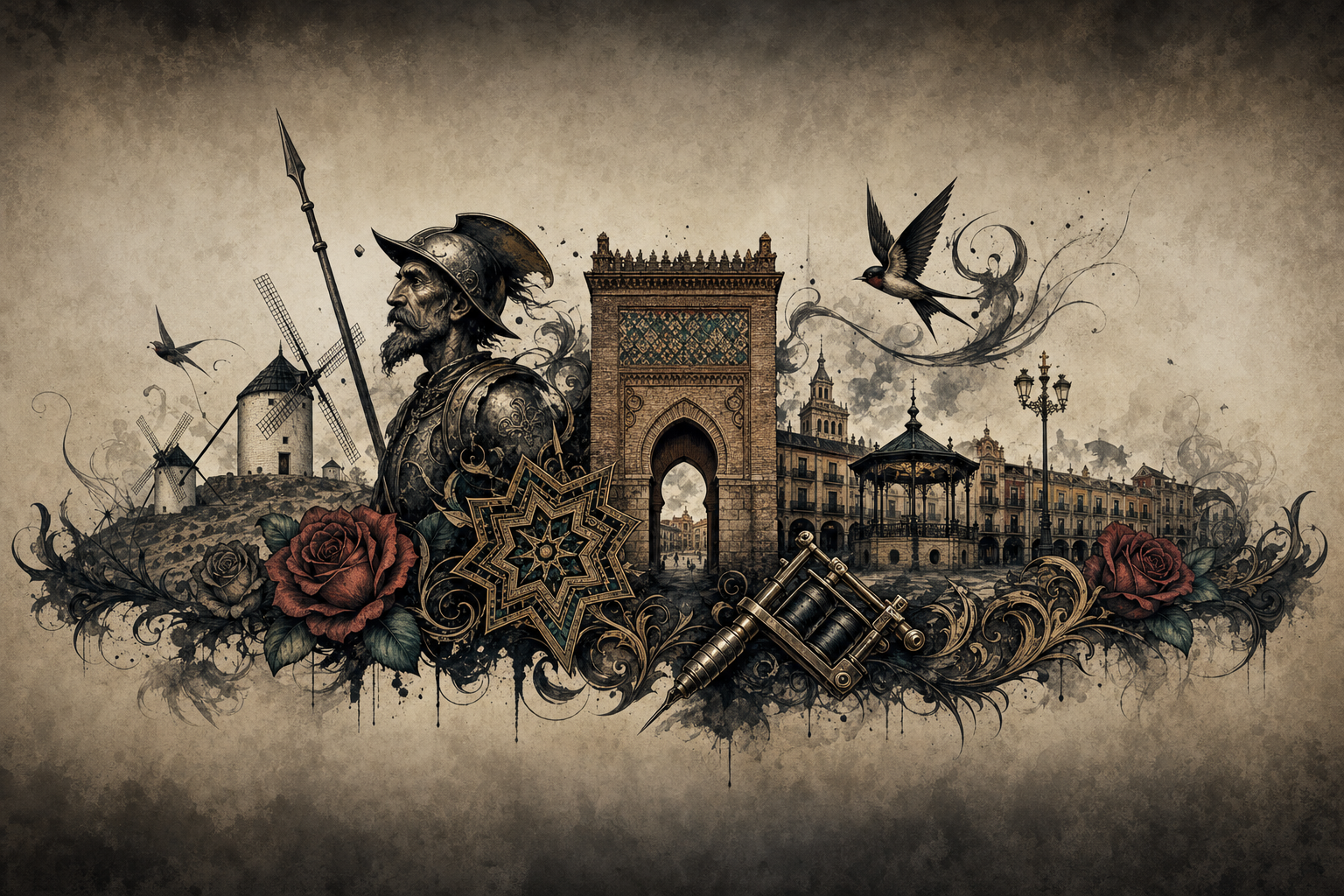 Ilustración artística estilo tatuaje de Ciudad Real, la ciudad de referencia de Puertollano