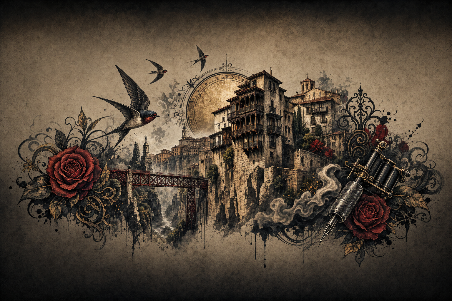 Ilustración artística estilo tatuaje de la ciudad de Cuenca