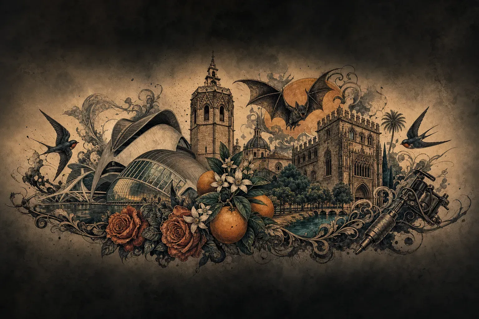 Ilustración artística estilo tatuaje de la ciudad de Valencia