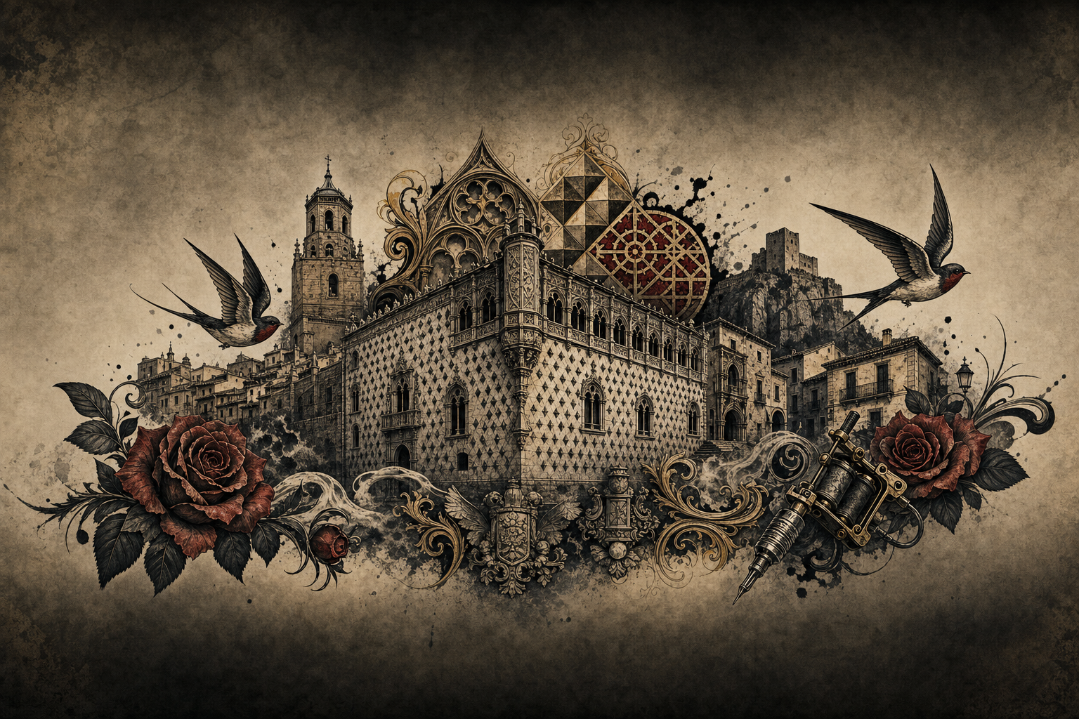 Ilustración artística estilo tatuaje de Guadalajara, la ciudad de referencia de Azuqueca de Henares