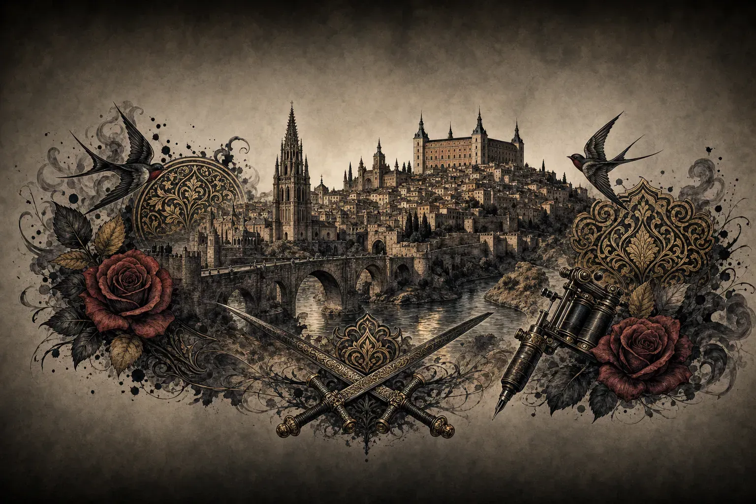 Ilustración artística estilo tatuaje de la ciudad de Toledo