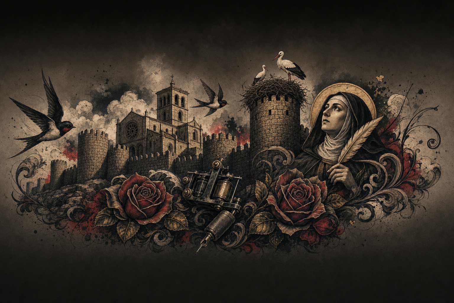 Ilustración artística estilo tatuaje de Ávila, Castilla y León