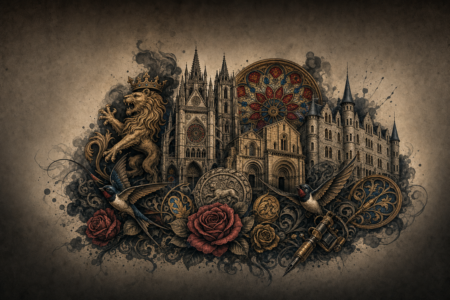 Ilustración artística estilo tatuaje de León, la ciudad de referencia de San Andrés del Rabanedo
