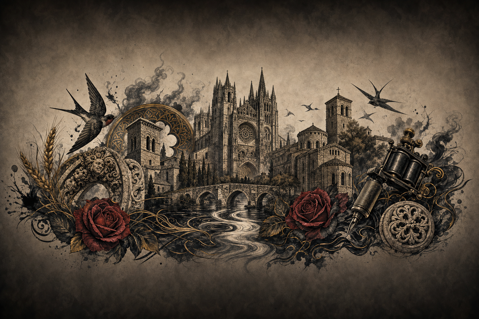 Ilustración artística estilo tatuaje de la ciudad de Palencia