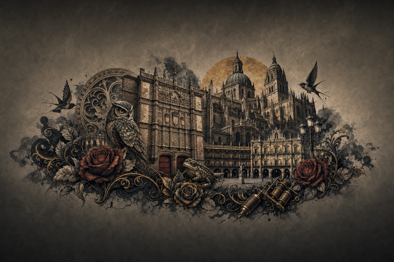 Ilustración artística estilo tatuaje de la ciudad de Salamanca