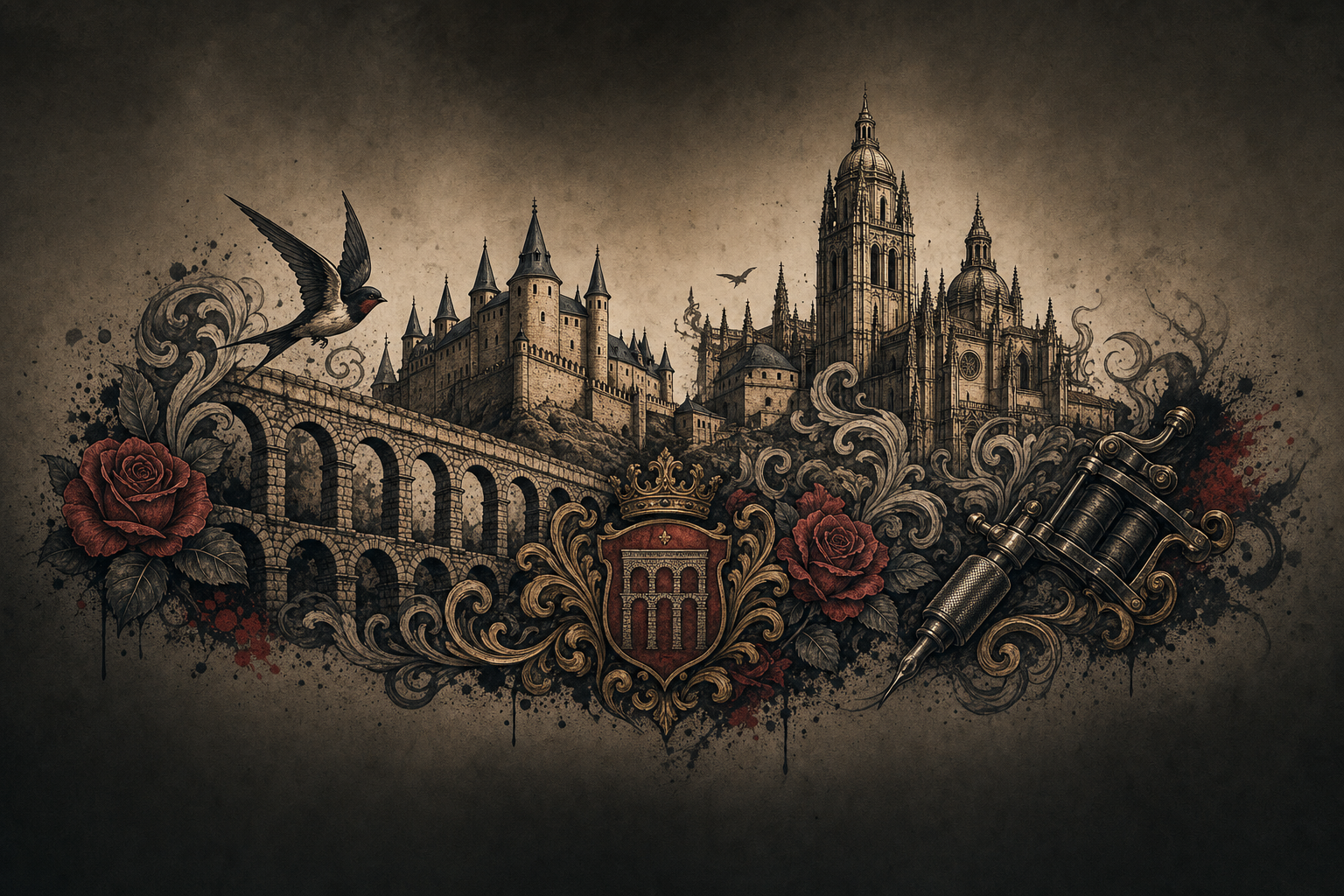 Ilustración artística estilo tatuaje de la ciudad de Segovia