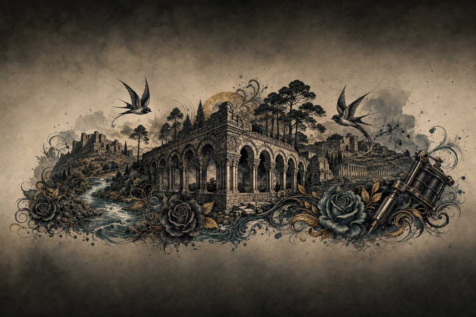 Ilustración artística estilo tatuaje de la ciudad de Soria