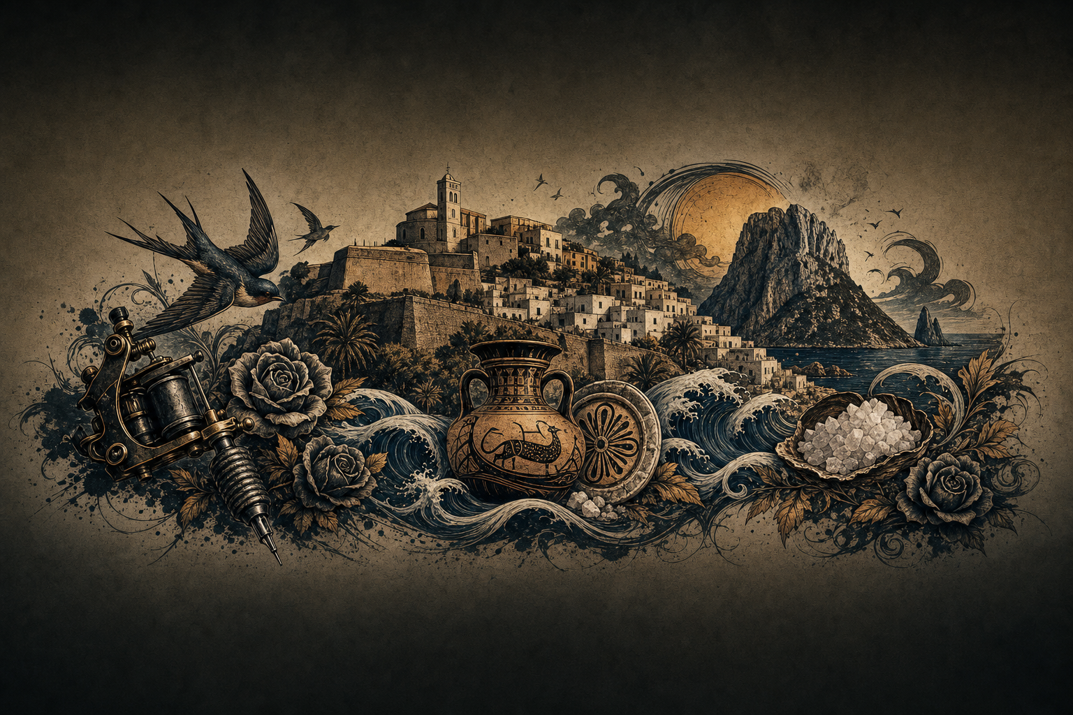 Ilustración artística estilo tatuaje de Ibiza, Illes Balears