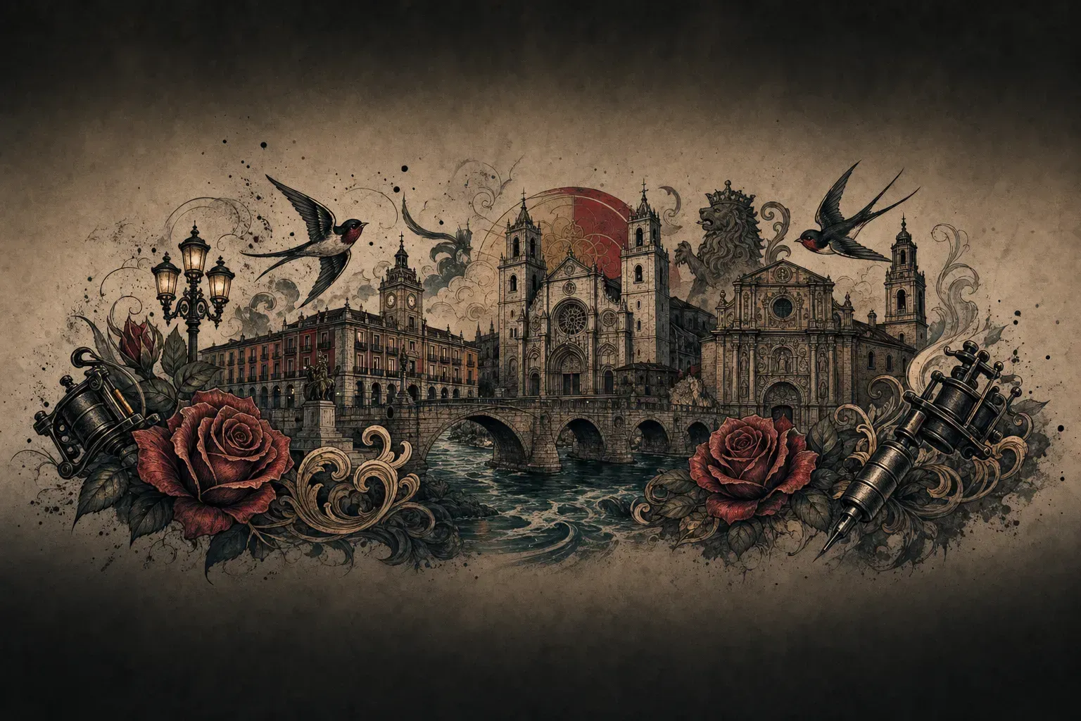 Ilustración artística estilo tatuaje de la ciudad de Valladolid