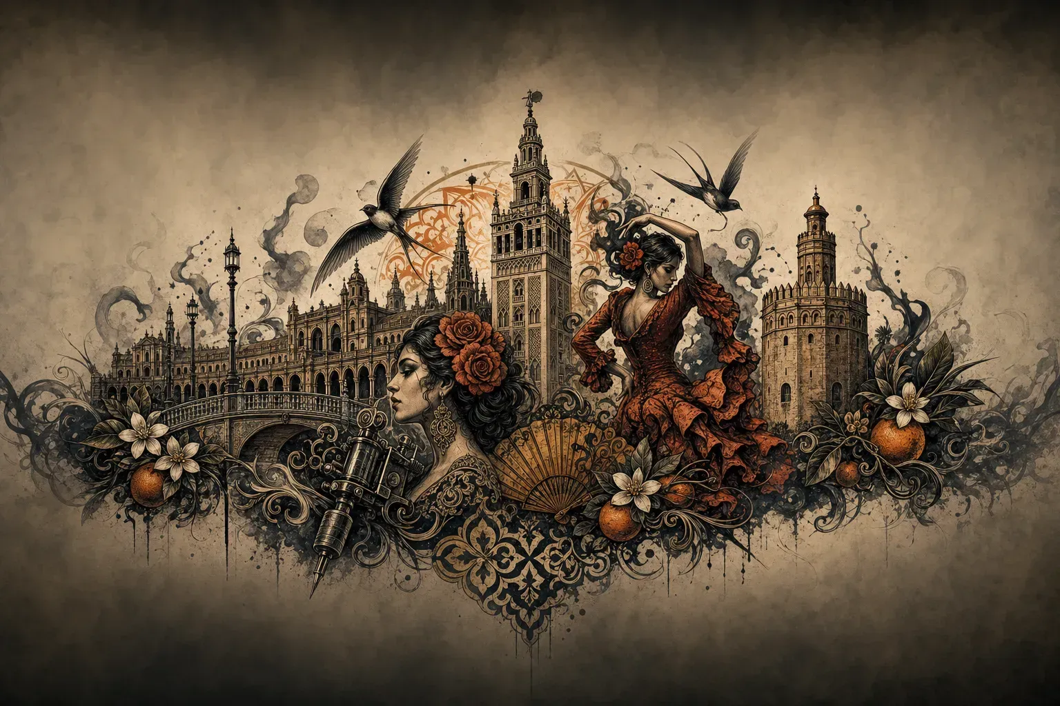 Ilustración artística estilo tatuaje de la ciudad de Sevilla