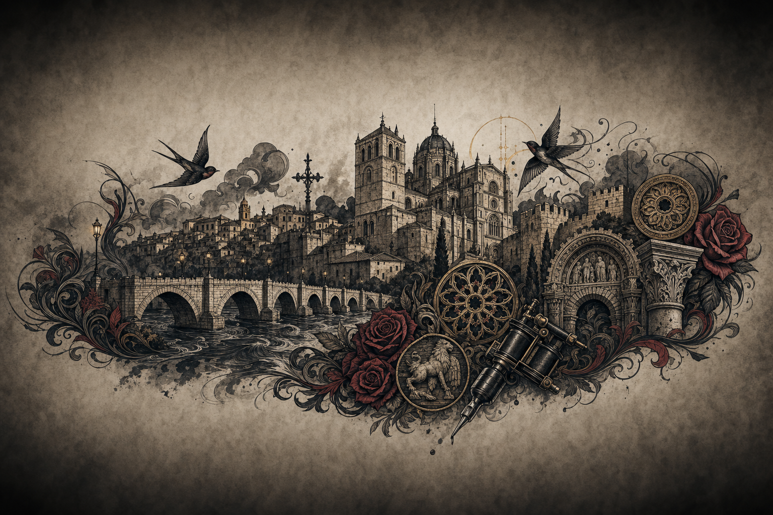 Ilustración artística estilo tatuaje de la ciudad de Zamora