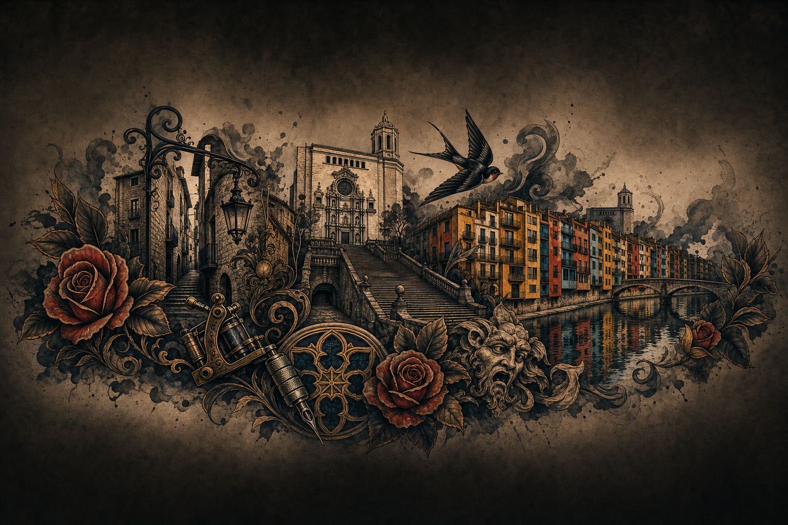 Ilustración artística estilo tatuaje de Girona, la ciudad de referencia de Blanes