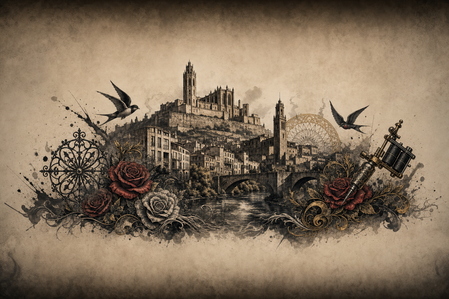 Ilustración artística estilo tatuaje de la ciudad de Lleida
