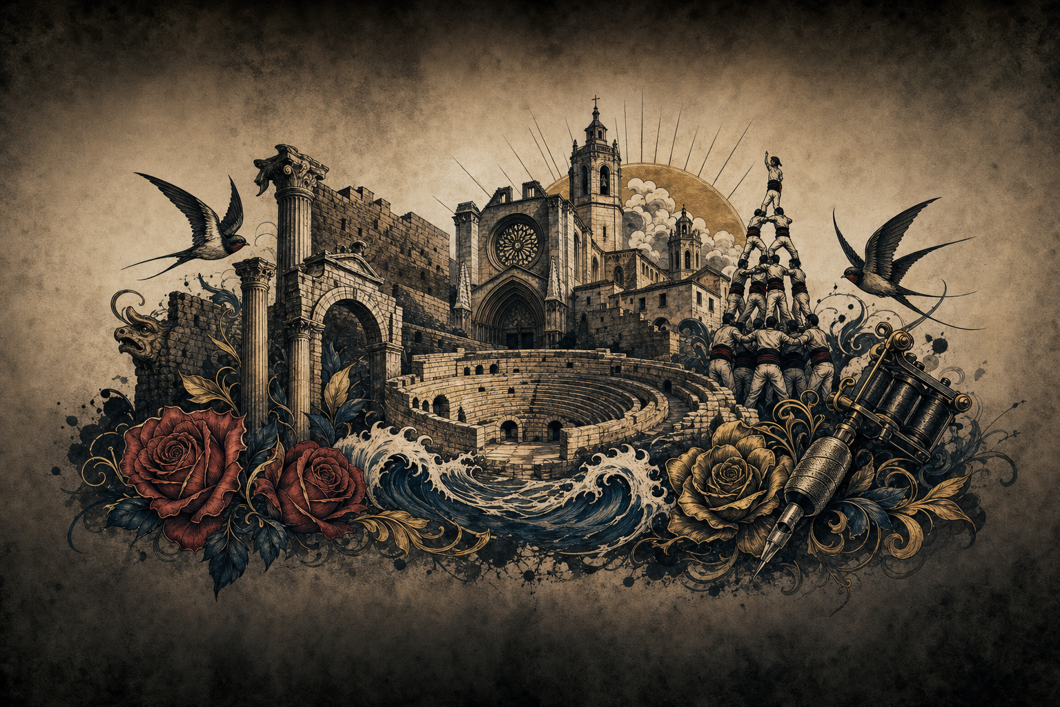 Ilustración artística estilo tatuaje de Tarragona, la ciudad de referencia de Vila-seca