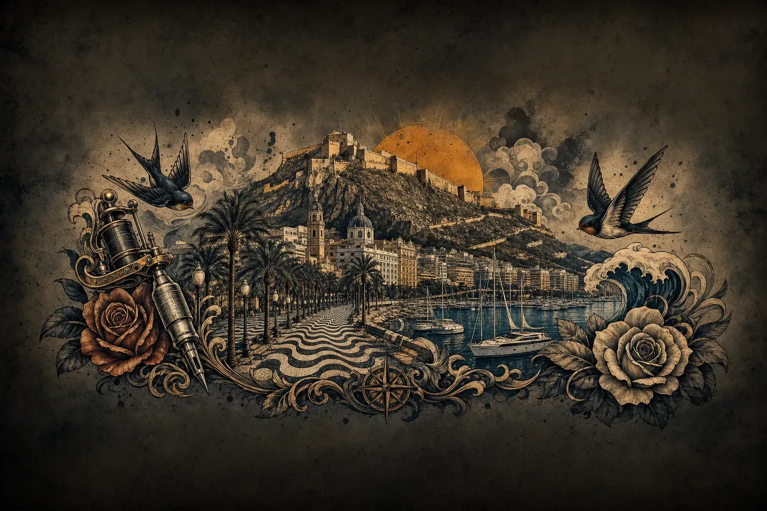 Ilustración artística estilo tatuaje de la ciudad de Alicante