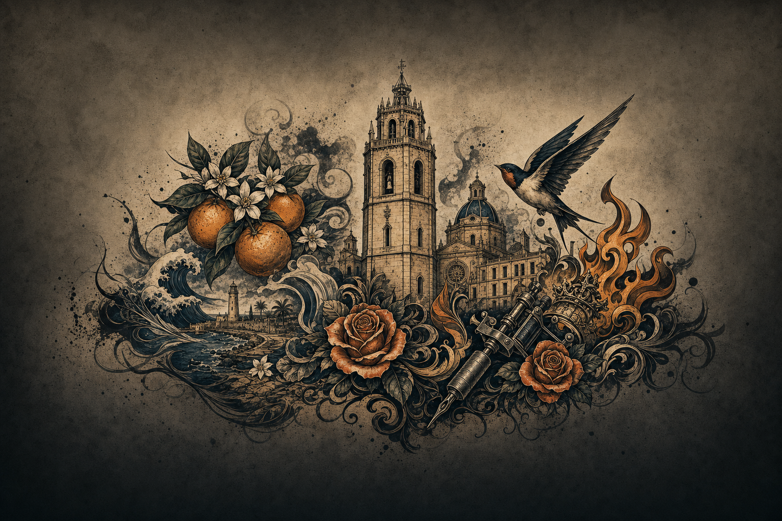 Ilustración artística estilo tatuaje de Castellón de la Plana, la ciudad de referencia de Benicarló