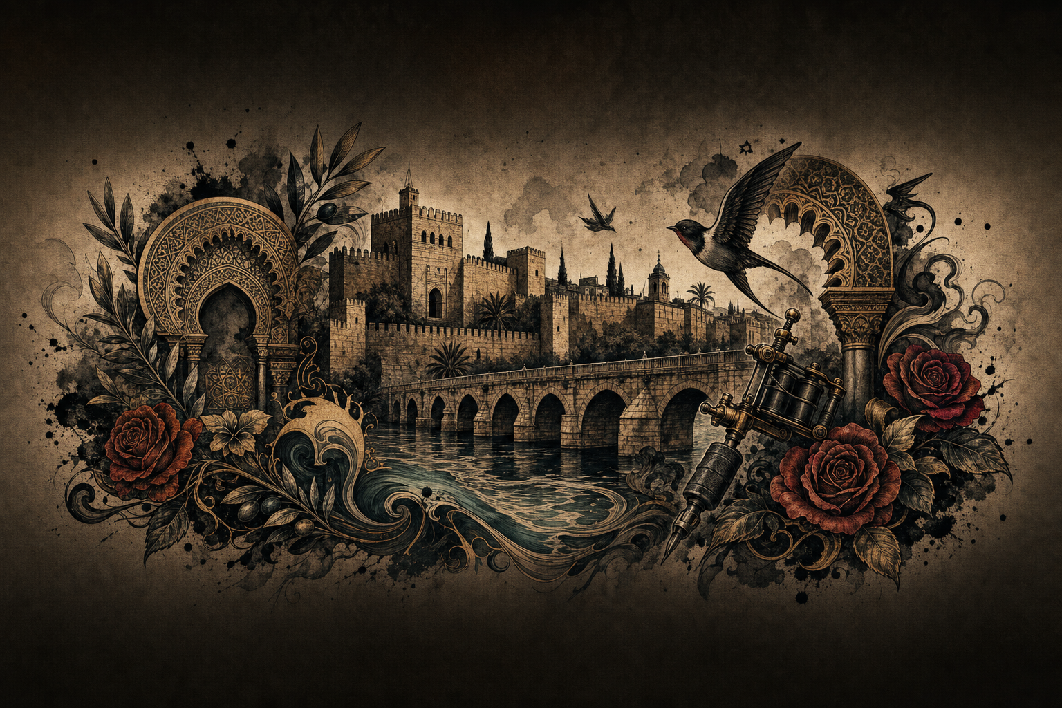 Ilustración artística estilo tatuaje de Badajoz, la ciudad de referencia de Don Benito