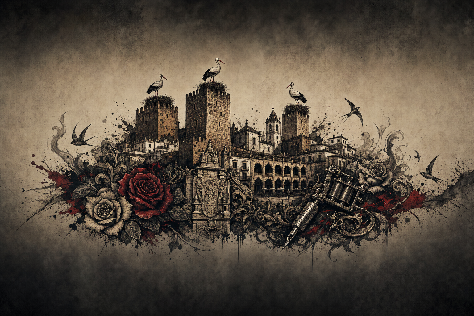 Ilustración artística estilo tatuaje de Cáceres, la ciudad de referencia de Plasencia