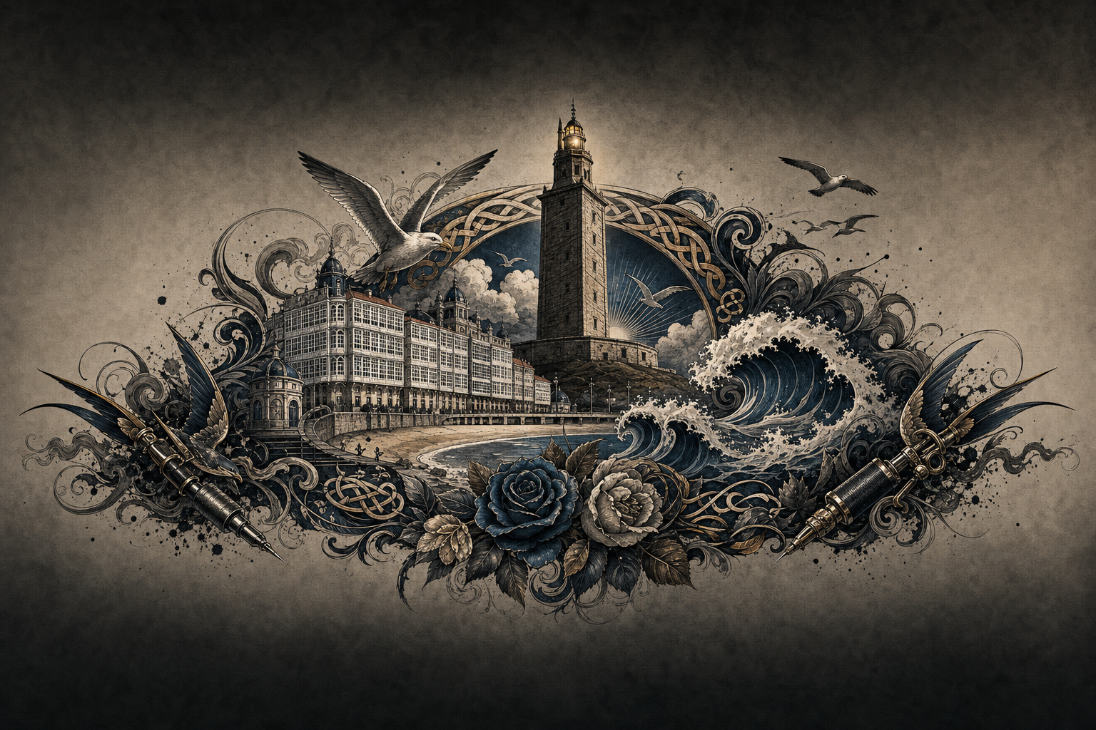 Ilustración artística estilo tatuaje de A Coruña, la ciudad de referencia de Narón