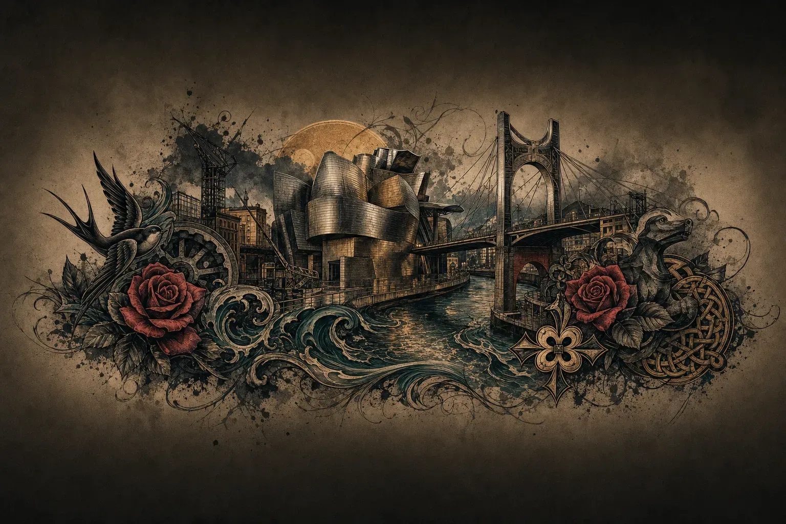 Ilustración artística estilo tatuaje de la ciudad de Bilbao