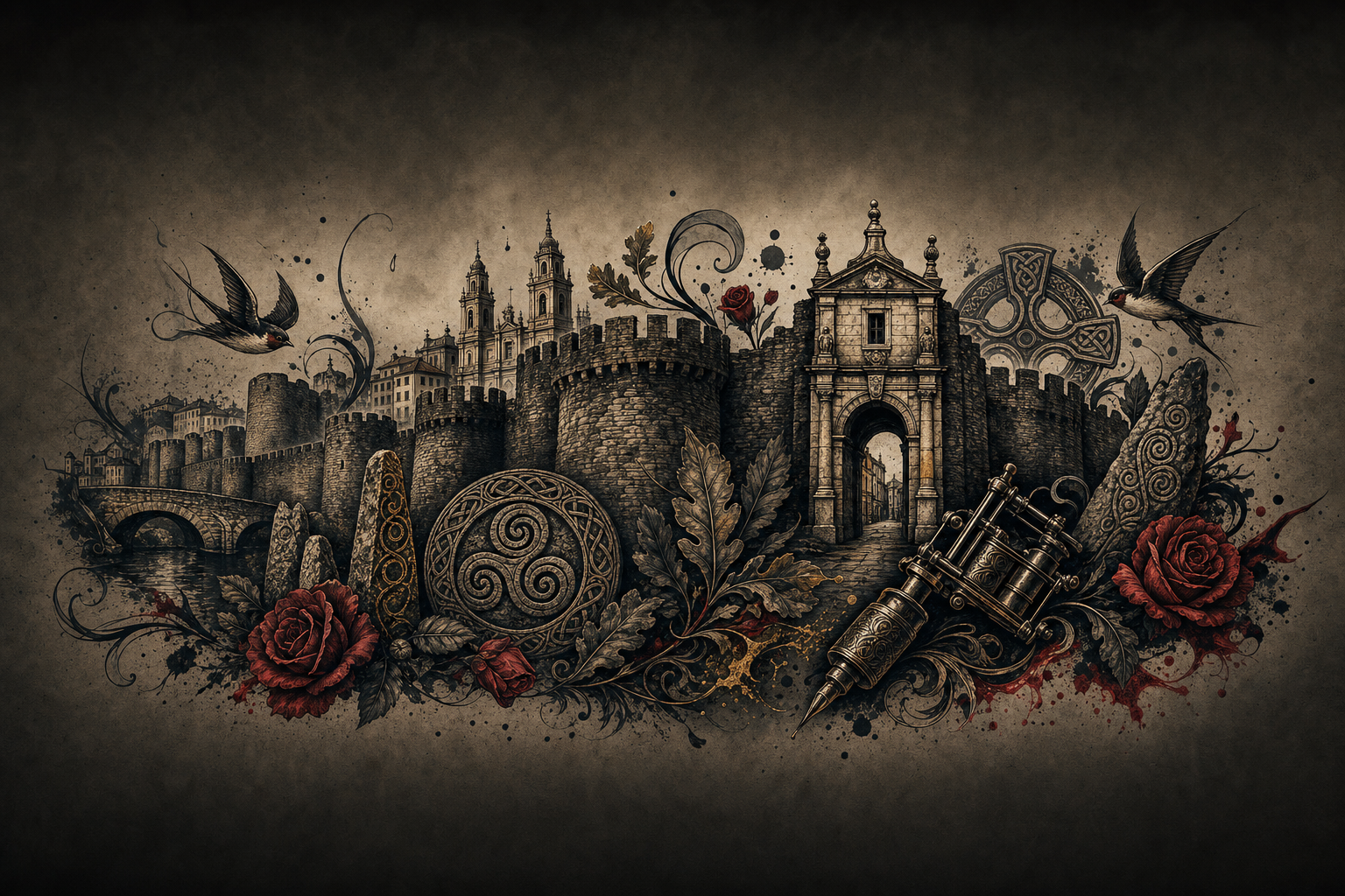 Ilustración artística estilo tatuaje de la ciudad de Lugo