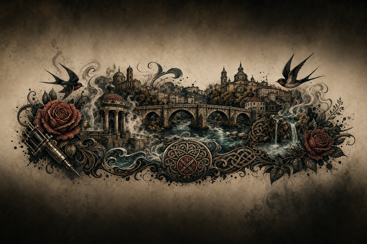 Ilustración artística estilo tatuaje de la ciudad de Ourense