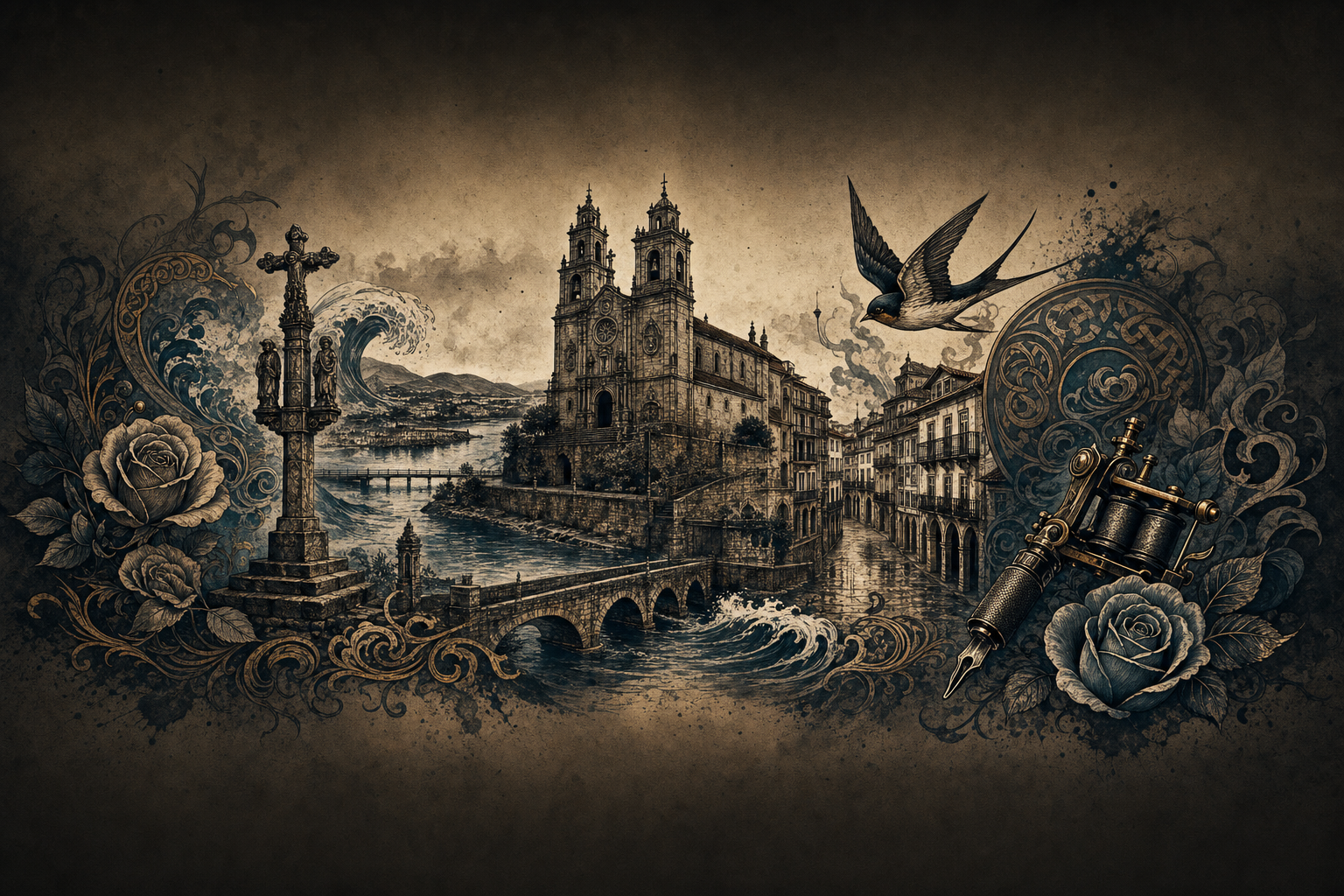 Ilustración artística estilo tatuaje de Pontevedra, la ciudad de referencia de Lalín