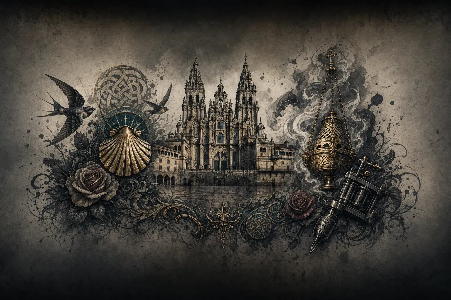 Ilustración artística estilo tatuaje de la ciudad de Santiago de Compostela