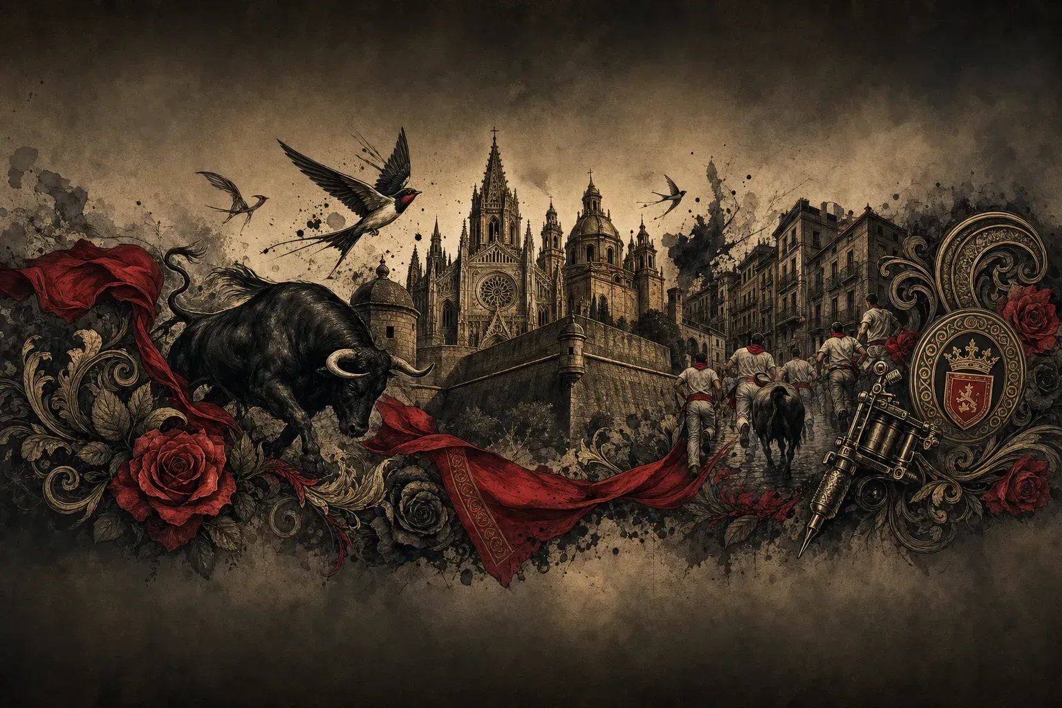 Ilustración artística estilo tatuaje de la ciudad de Pamplona