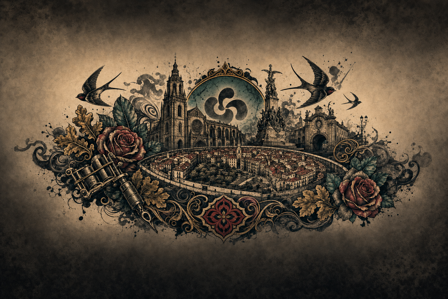 Ilustración artística estilo tatuaje de Vitoria-Gasteiz, la ciudad de referencia de Miranda de Ebro